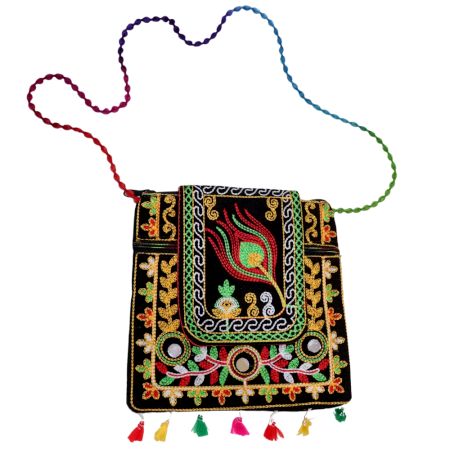 Jaipuri Handmade Black Embroidered Sling Bag - Cotton Crossbody Bag with Peacock Feather Motif & Tassels